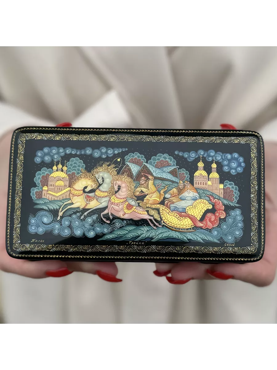 № 154G. Шкатулка лаковая миниатюра "Тройка" Палех Авторская Ручная роспись Премиум Качества Размер: 14.5*7.5*5 см