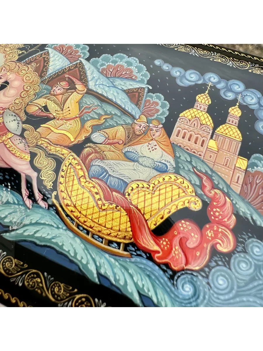 № 154G. Шкатулка лаковая миниатюра "Тройка" Палех Авторская Ручная роспись Премиум Качества Размер: 14.5*7.5*5 см — изображение 6