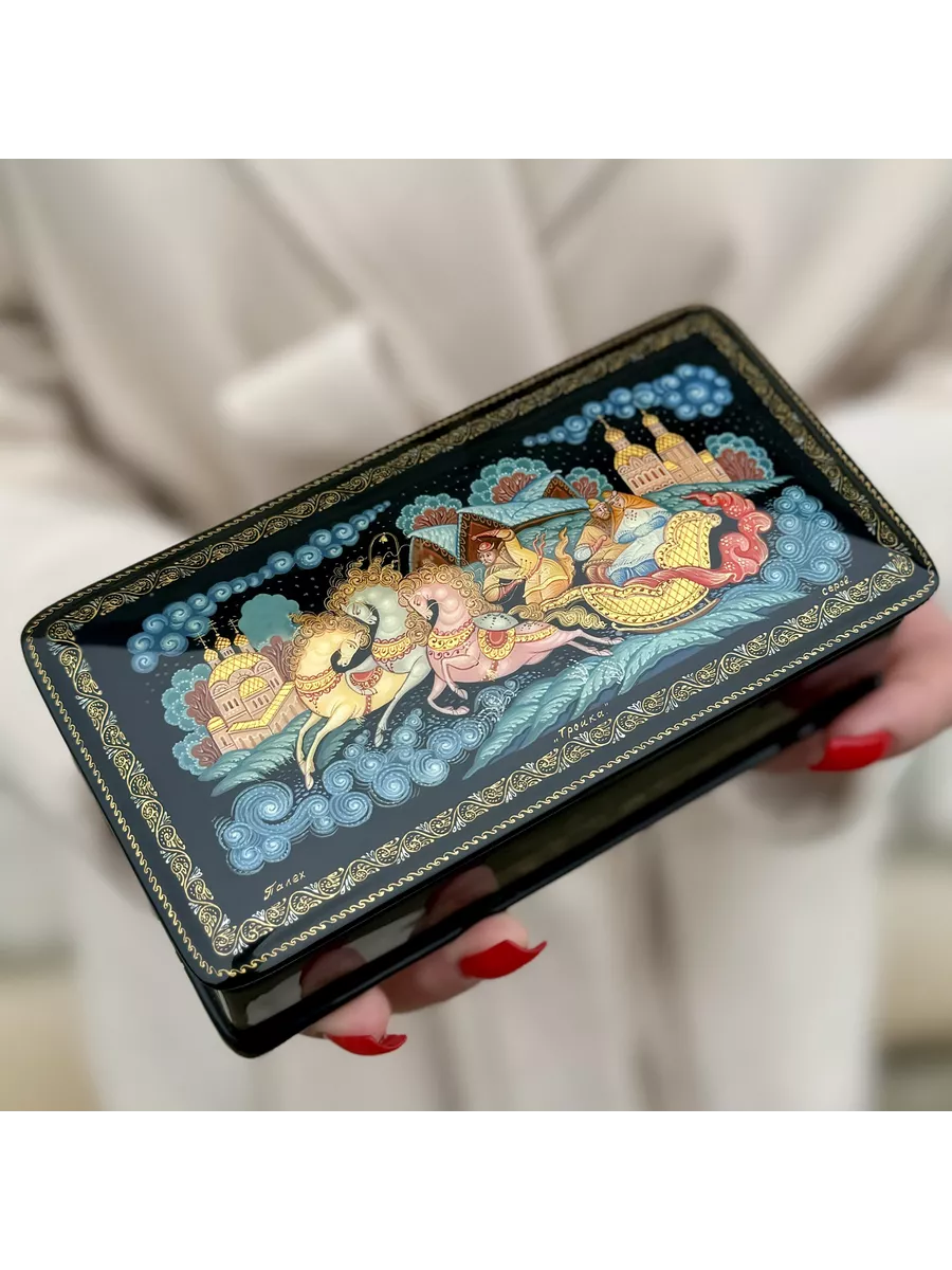 № 154G. Шкатулка лаковая миниатюра "Тройка" Палех Авторская Ручная роспись Премиум Качества Размер: 14.5*7.5*5 см — изображение 4