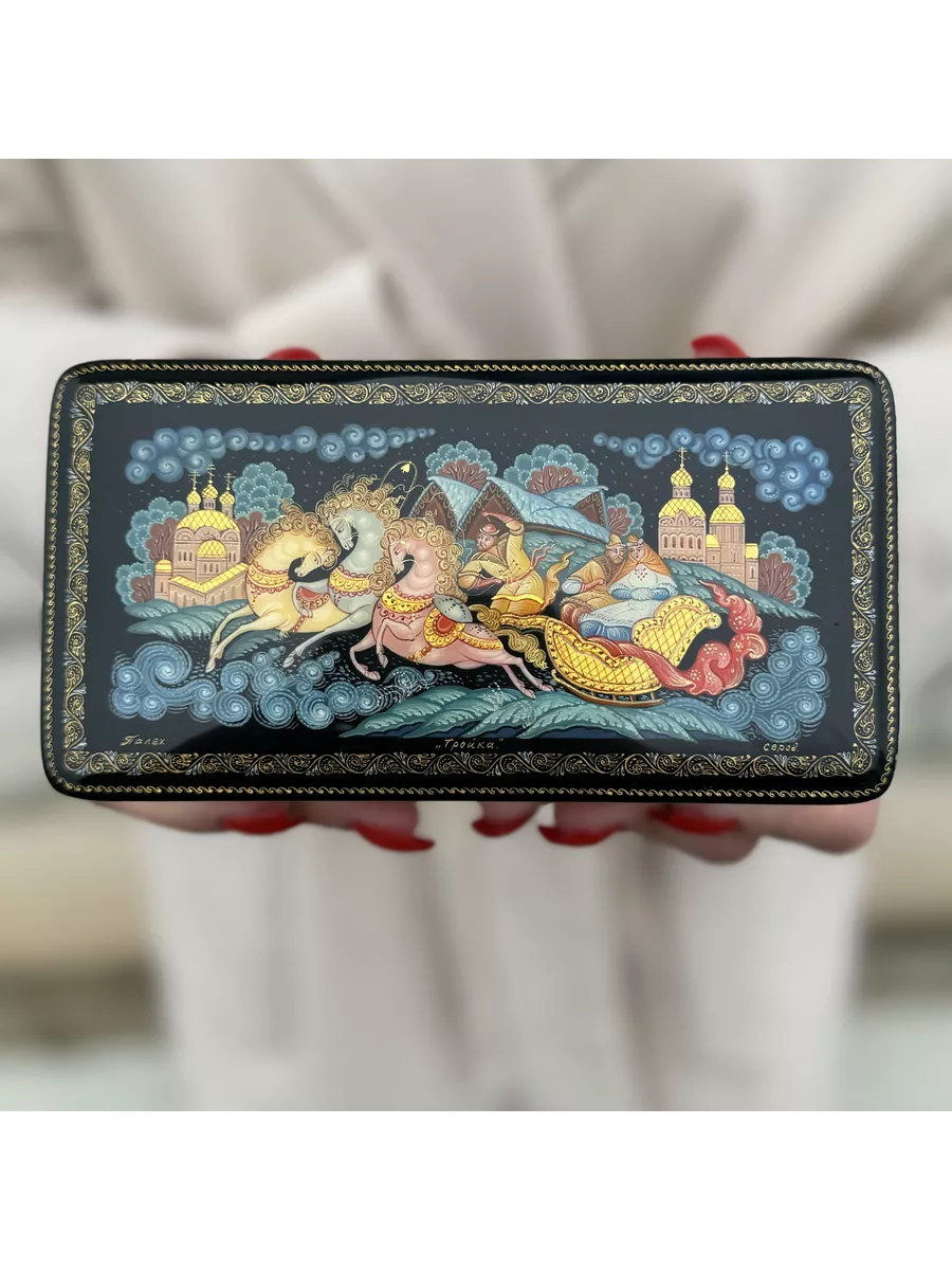 № 154G. Шкатулка лаковая миниатюра "Тройка" Палех Авторская Ручная роспись Премиум Качества Размер: 14.5*7.5*5 см — изображение 7